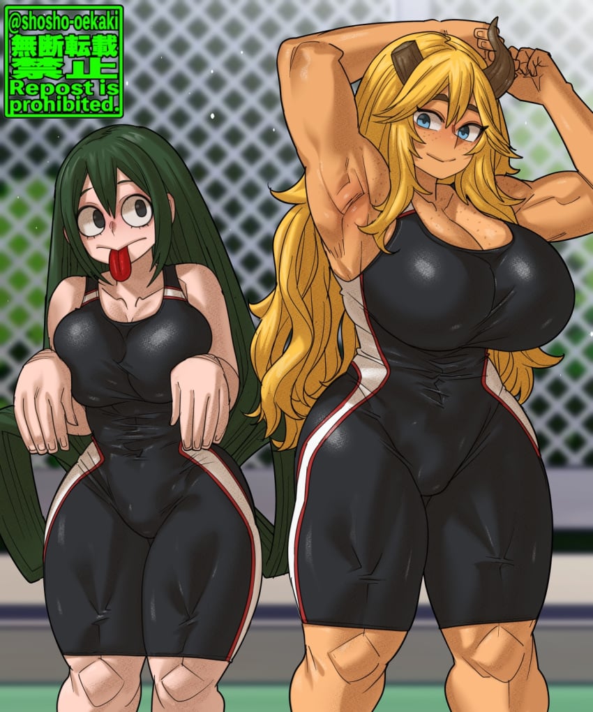 2girls big_breasts blonde_hair blue_eyes busty_female detailed_background exposed_armpits freckled_skin freckles horns_and_hooves long_hair looking_at_another muscular_female my_hero_academia orange_body original_character public_place shosho_oekaki size_play swimsuit thick_thighs tongue_out tsuyu_asui