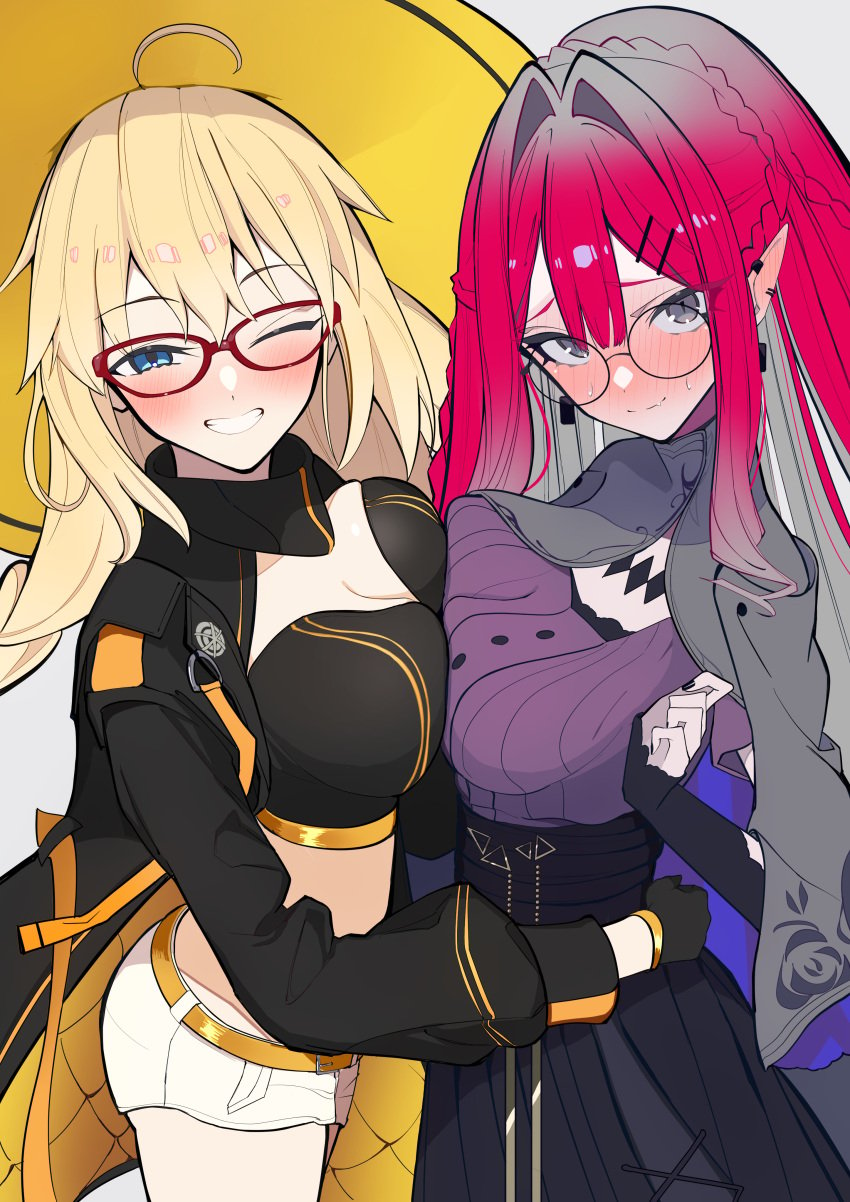 2girls absurdres aesc_(9th_anniversary)_(fate) aesc_(fate) ahoge baobhan_sith_(fate) baobhan_sith_(swimsuit_pretender)_(fate) baobhan_sith_(swimsuit_pretender)_(second_ascension)_(fate) belt black_gloves black_nails blonde_hair blue_eyes blush braid breast_press breasts cleavage crop_top fate/grand_order fate_(series) glasses gloves gold_belt grin hand_on_another's_waist happy hat highres hug long_hair long_sleeves looking_at_viewer low_twin_braids micro_shorts mother_and_daughter multiple_girls nervous nervous_sweating official_alternate_costume one_eye_closed orange_belt pale_skin pink_hair pointy_ears red-framed_eyewear round_eyewear shorts sidelocks smile striped_belt sweat symmetrical_docking twin_braids uriuriyukitti white_shorts witch_hat