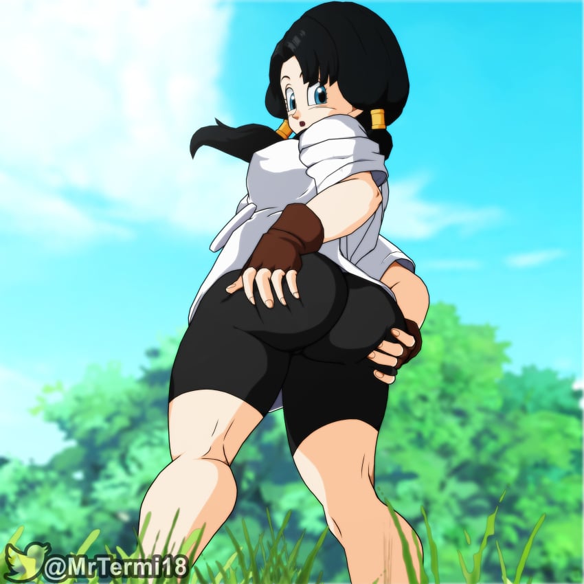 ass ass_focus ass_grab big_ass black_hair dat_ass dragon_ball dragon_ball_z grabbing_ass grabbing_own_ass light-skinned_female light_skin looking_at_viewer looking_back mrtermida pig_tail tight_clothing tight_pants videl