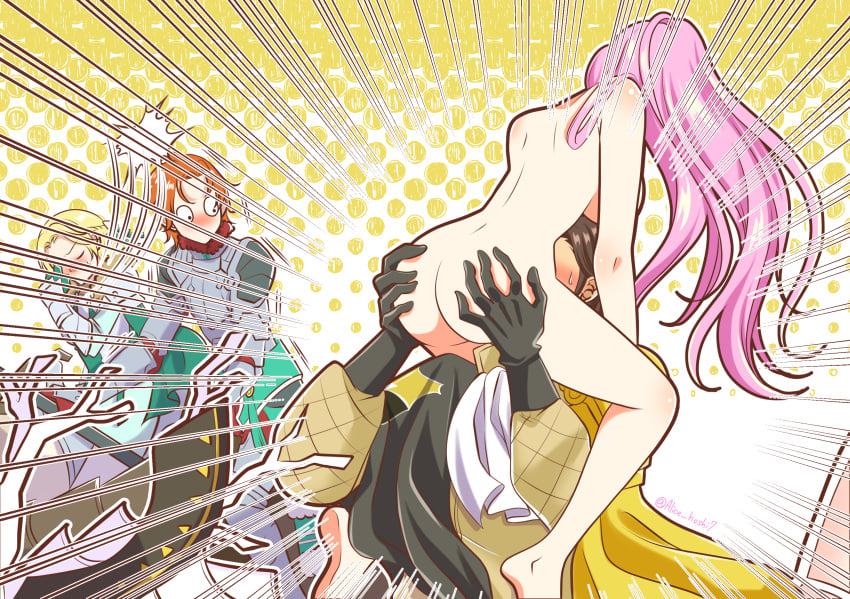 action_lines alice_hoshi7 alternate_hairstyle armor ass big_ass blonde_hair carrying carrying_partner claude_von_riegan completely_nude cunnilingus fire_emblem fire_emblem:_three_houses hilda_valentine_goneril ingrid_brandl_galatea motion_lines nintendo nude nude_female orange_hair pink_hair ponytail source_request sylvain_jose_gautier