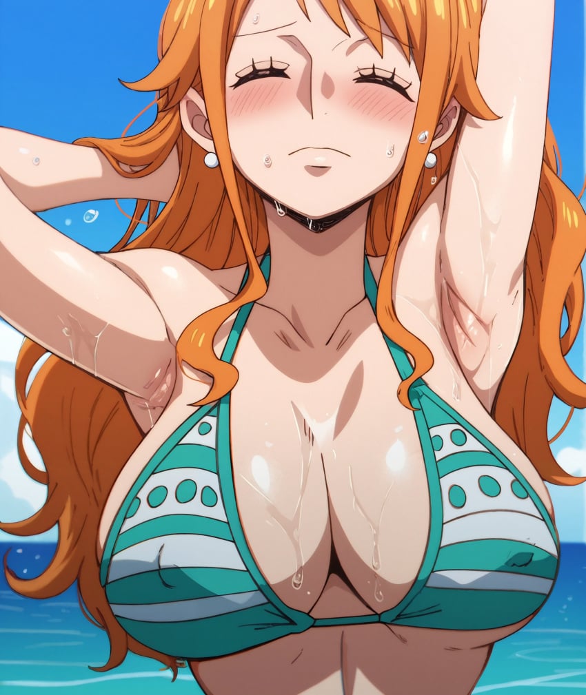 1girls ai_generated big_breasts bikini bikini_top blush bokachan curvy_female female female_focus female_only misaka nami one_piece orange_hair post-timeskip sweat sweatdrop