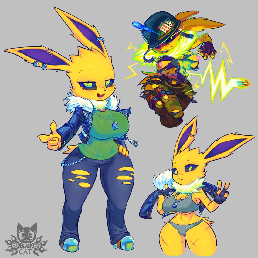 69blackcat69 anthro big_breasts breasts bullet dogtags eeveelution female furry helmet jolteon military_uniform nintendo nipples outfit pokémon_(species) pokemon wide_hips