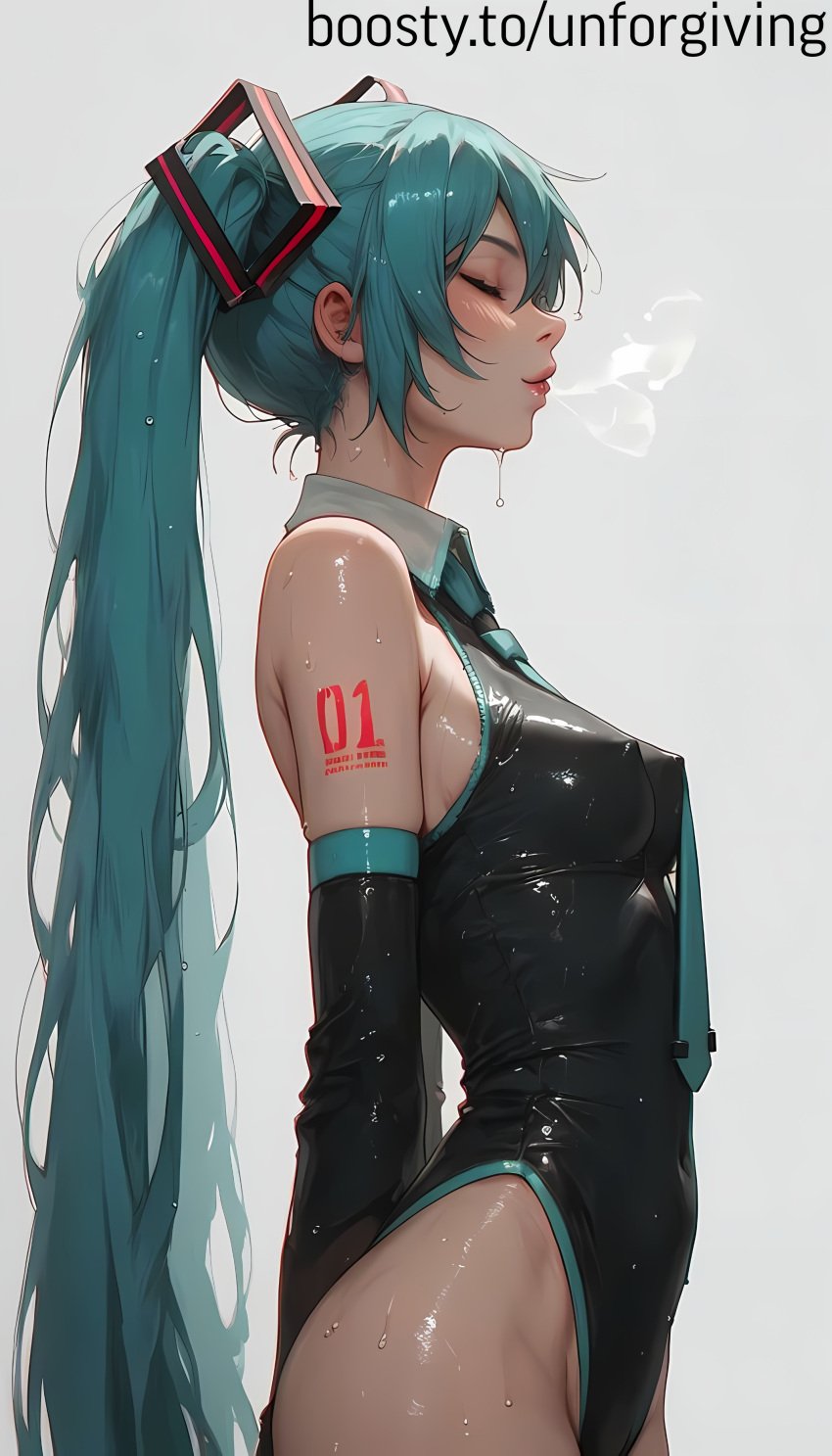 ai_generated aqua_hair breasts close-up covered_nipples hatsune_miku hot_breath nipples sweat sweatdrop tie unforgiving vocaloid wet wet_clothes