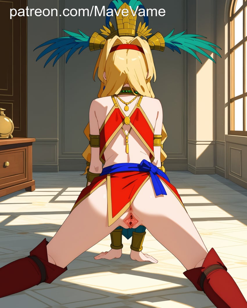 ai_generated all_fours anus blonde_hair fate/grand_order presenting_pussy presenting_vagina pussy quetzalcoatl_(fate) slender_body