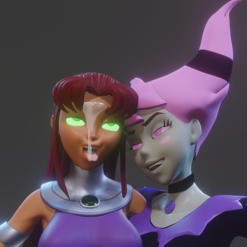 2girls 3d blowjob blowjob_face cum_in_mouth cumshot cumshot_on_face dc dc_comics female female_on_futa female_only femdom handjob heperson heroine jinx_(dc) multiple_girls skirt starfire starfire_(teen_titans) sucking teen_titans