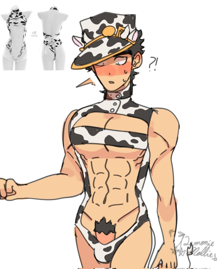 1boy barely_visible_penis blush cow_bikini embarrassed jojo's_bizarre_adventure jotaro_kujo lemoniemallie male male_only muscular_male pubic_hair solo stardust_crusaders