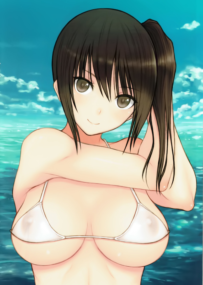 absurdres adjusting_hair areolae bikini breasts brown_eyes brown_hair female highres kaga_(kantai_collection) kamimiya kantai_collection large_breasts looking_at_viewer nipples ocean scan scan_artifacts see-through side_ponytail smile solo string_bikini swimsuit tying_hair underboob upper_body white_bikini white_swimsuit