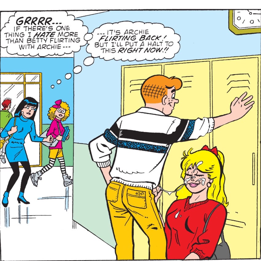 archie_andrews archie_comics betty_and_veronica betty_cooper cum_on_face female hallway handjob human male public school straight tagme veronica_lodge