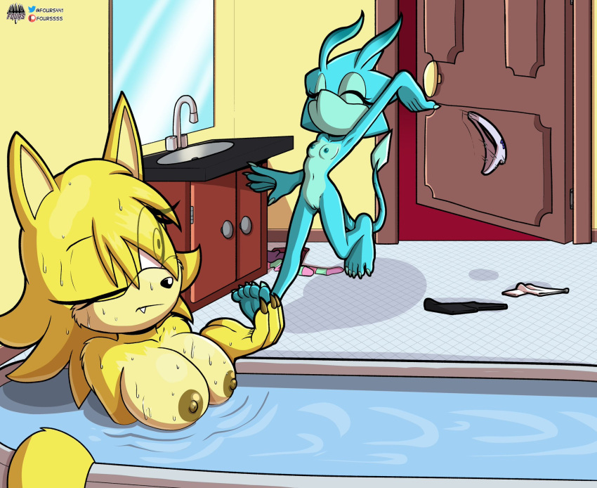 2girls bath breasts ellie_the_wolf fan_character female fours_(artist) multiple_girls pussy skitter_the_gecko sonic_(series) sonic_the_hedgehog_(series) tagme