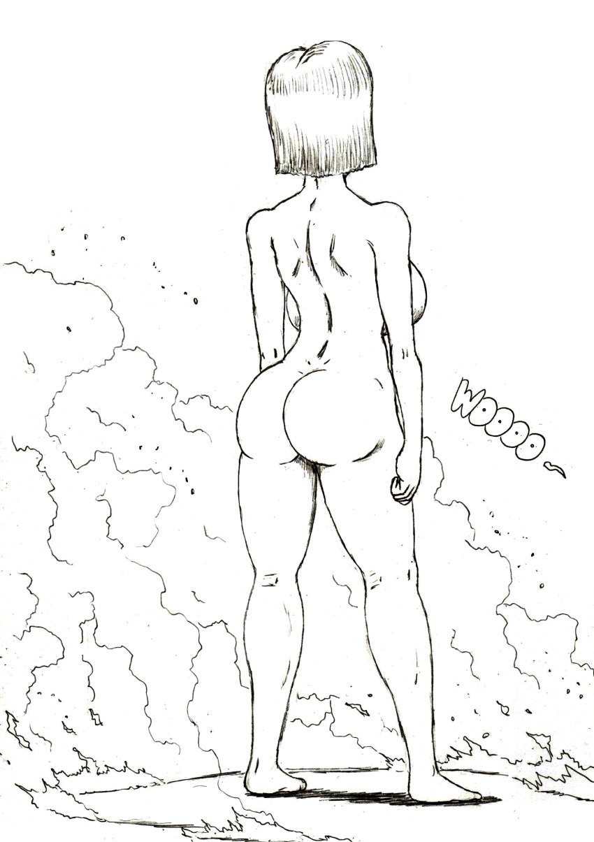 1girls android_18 ass black_and_white dragon_ball dragon_ball_z facing_back nude_female sideboob smoke solo_female thewritefiction