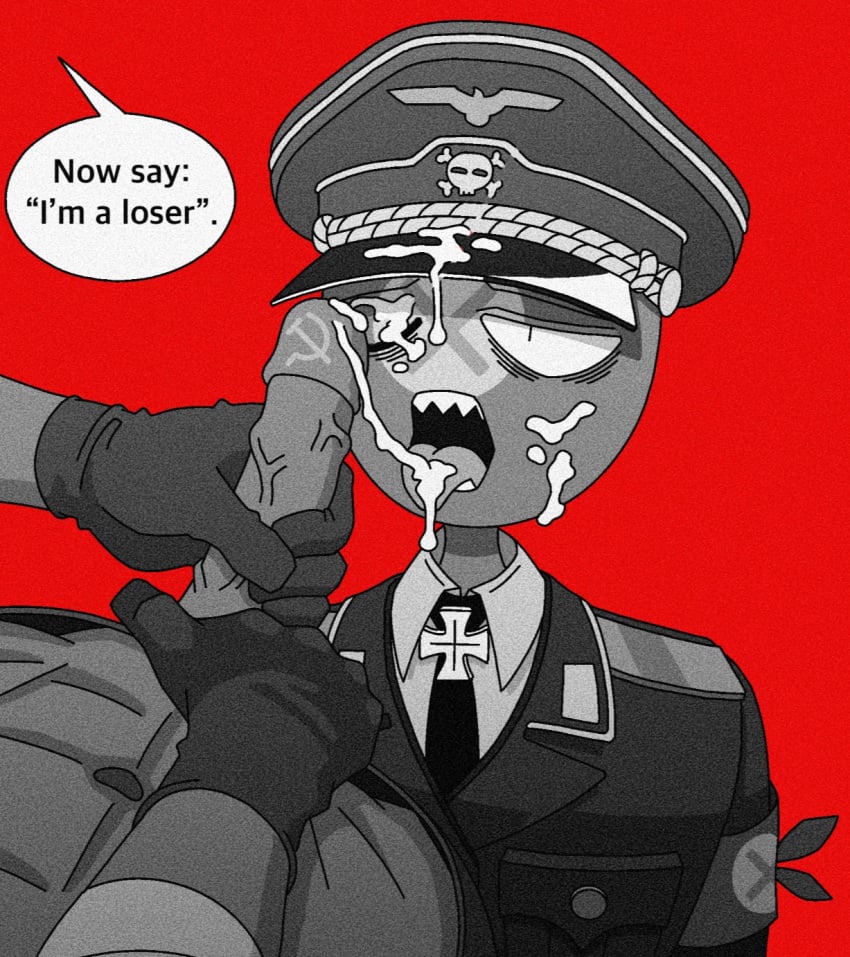 closed_eye clothed countryhumans cum cum_dripping_from_penis cum_dripping_from_tougue cum_on_eye cum_on_face cum_on_hat cum_on_penis cumshot degradation_text eyebags gay_blowjob gloves hammer_and_sickle iron_cross male_focus nazi_germany_(countryhumans) nazi_uniform octodyer penis red_background sharp_teeth soviet_union_(countryhumans) text_bubble tongue_out