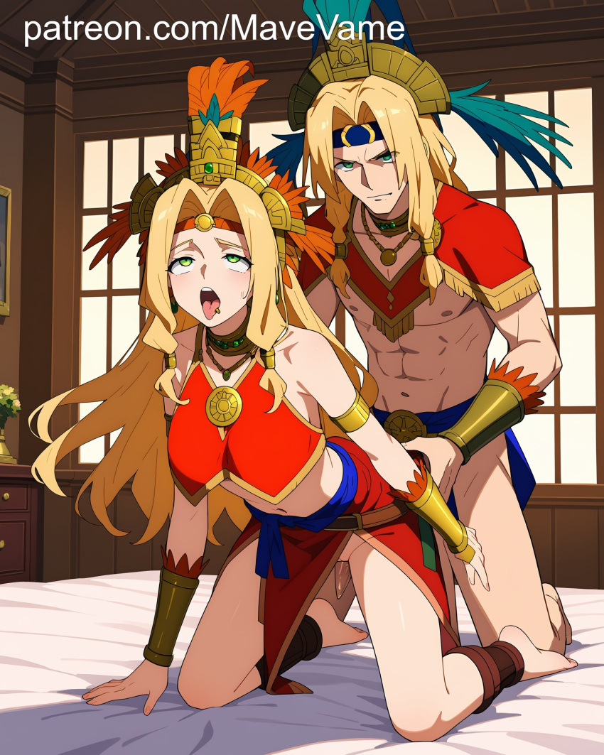 ahe_gao ahegao_face ai_generated all_fours blonde_hair doggy_style earrings fate/grand_order green_eyes lips_piercing open_mouth quetzalcoatl_(fate) rolling_eyes tongue_out