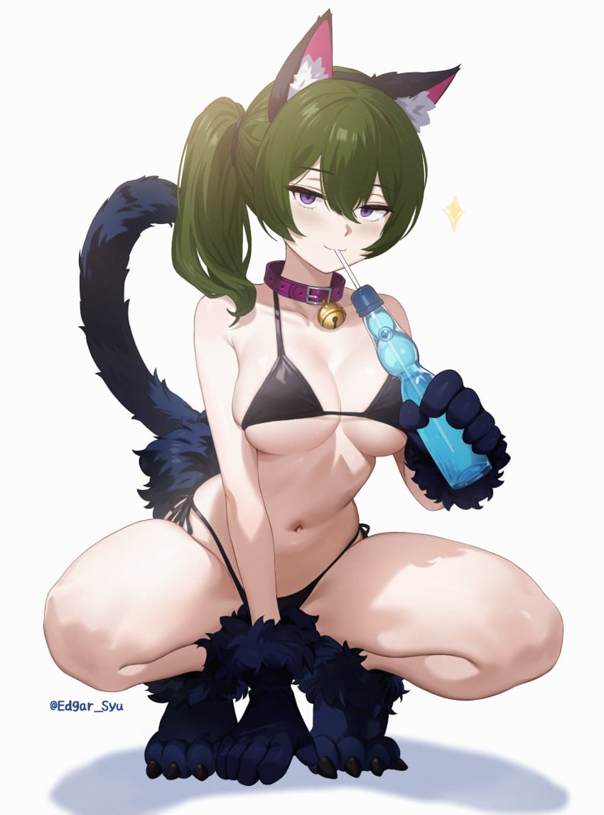 all_fours bell bell_collar bikini black_bikini black_bra cat_ears cat_girl cat_gloves cat_tail catgirl collar drinking edgar_syu green_hair large_breasts legs_apart navel paw_gloves purple_eyes ramune signature sousou_no_frieren squatting twitter_username ubel_(sousou_no_frieren)