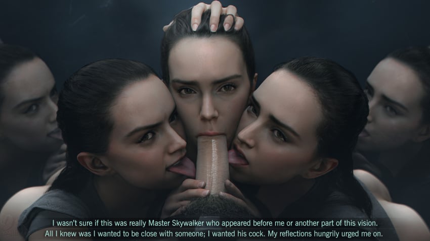 1boy 3d 3d_(artwork) 5girls blowjob drdabblur duplicated_character english english_text fellatio light-skinned_female light-skinned_male light_skin luke_skywalker multiple_girls oral oral_penetration oral_sex part_2 part_of_a_set penis rey star_wars sucking sucking_penis triple_fellatio