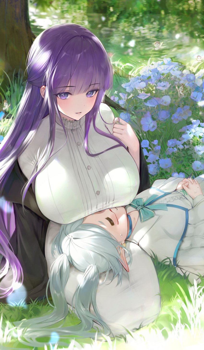 2girls :3 =_= absurdres aroused_nosebleed black_coat blue_choker breast_rest breasts breasts_on_head bug butterfly buttons choker closed_eyes closed_mouth coat commentary_request day dress earrings elf fern_(sousou_no_frieren) flower frieren grass grey_hair hand_up highres jewelry lap_pillow large_breasts light_blush long_hair looking_at_viewer multiple_girls off_shoulder open_clothes open_coat outdoors own_hands_together parted_lips pointy_ears purple_eyes purple_flower purple_hair river seiza sitting smile sousou_no_frieren sweatdrop tree twintails very_long_hair water white_dress