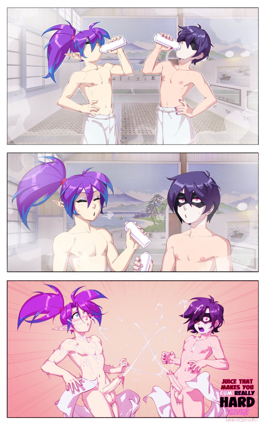 2024 2boys athletic_male balls bathhouse cum cum_inducing_juice cum_on_body jessie_(lapinbeau) lapinbeau painted_fingernails penis pointy_ears ponytail purple_hair seeing_stars signature tera_tyrant_shadic_(character) toned_male