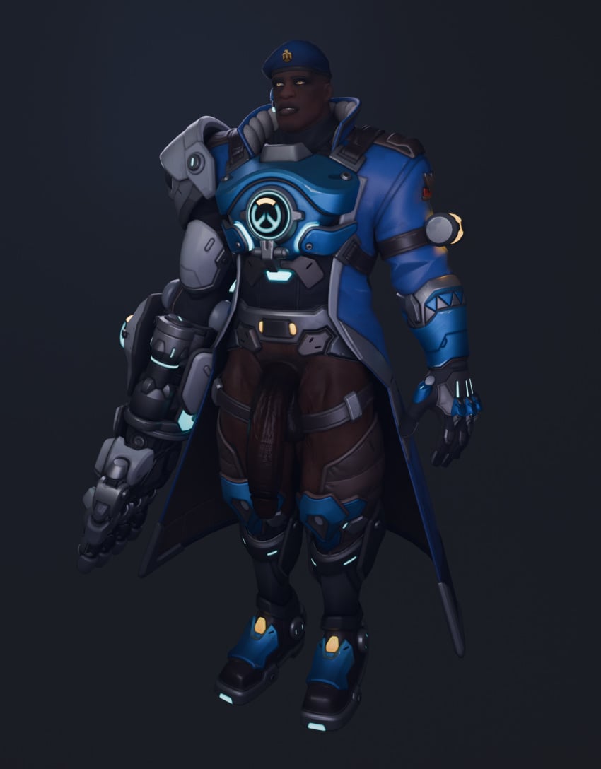 1boy 3d 3d_(artwork) alternate_costume armor armored_boots armored_gloves big_penis blender blizzard_entertainment clothing dark-skinned_male dark_blue_background dark_skin doomfist male male_only mirrorwatch overwatch overwatch_2 silly_face simple_background strike_commander_ogundimu yellow_eyes