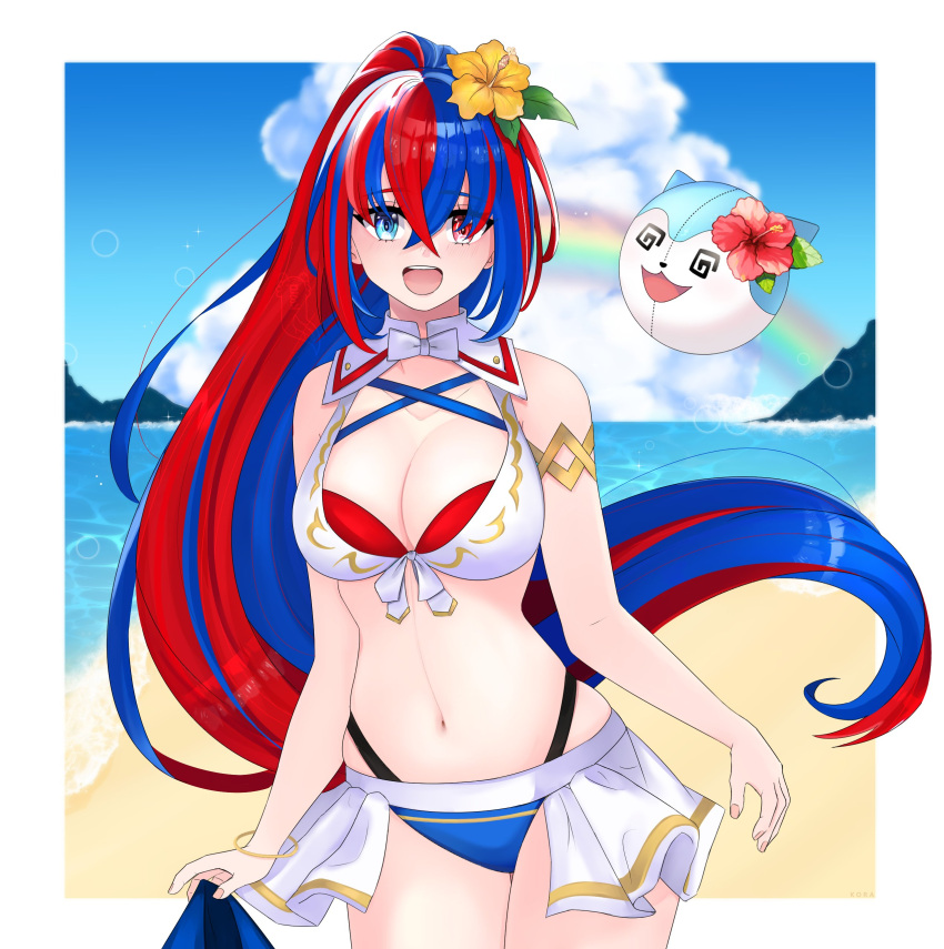 1girls @_@ absurdres alear_(female)_(fire_emblem) alear_(female)_(seaside_dragon)_(fire_emblem) alear_(fire_emblem) alternate_costume beach bikini blue_bikini blue_eyes blue_hair blue_sky blue_swimsuit breasts character_ball cleavage cloud cloudy_sky criss-cross_halter crossed_bangs female female female_only fire_emblem fire_emblem_engage fire_emblem_heroes flower front-tie_bikini_top front-tie_top gold_armlet hair_flower hair_ornament halterneck heterochromia highres korachan01 large_breasts long_hair multicolored_bikini multicolored_clothes multicolored_hair multicolored_swimsuit nintendo ocean official_alternate_costume official_alternate_hairstyle rainbow red_bikini red_eyes red_flower red_hair red_swimsuit sky solo sommie_(fire_emblem) split-color_hair swimsuit two-tone_hair very_long_hair white_bikini white_swimsuit yellow_flower