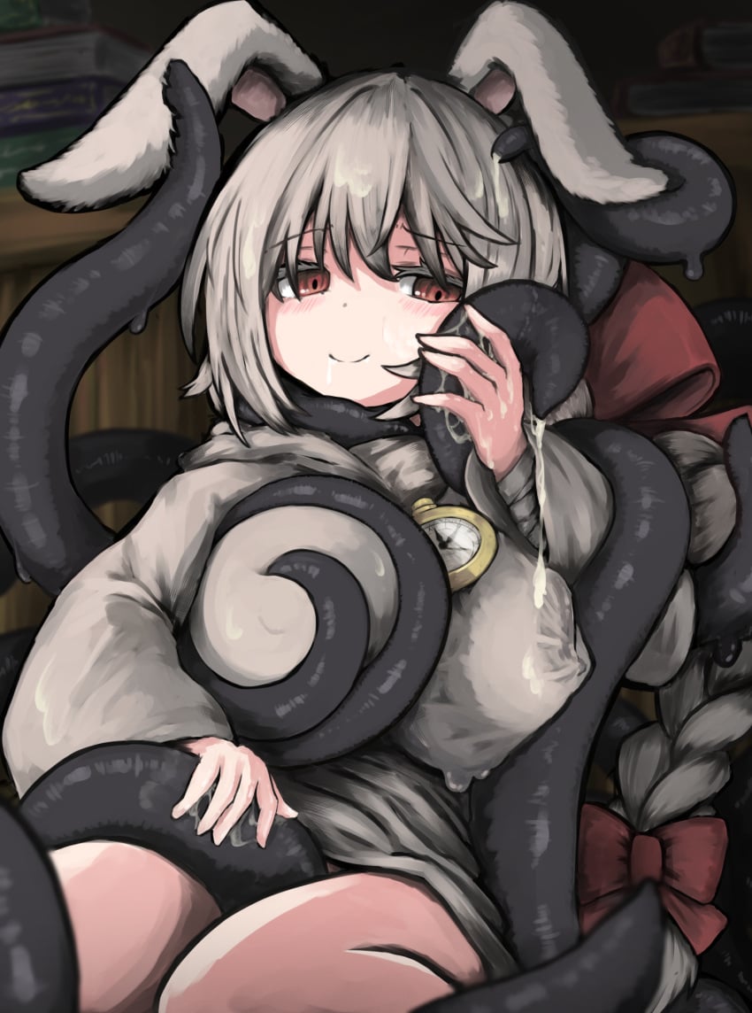 animal_ears black_souls book bookshelf consensual_tentacles female grey_hair highres long_hair node_(black_souls) pocket_watch rabbit_ears red_eyes red_ribbon ribbon tentacle touko_olivia very_long_hair watch white_hair