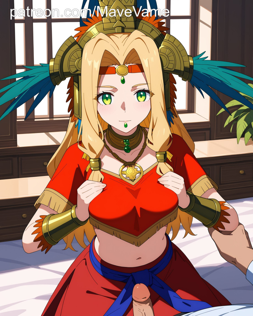 ai_generated blonde_hair breast_grab breast_squeeze breasts breasts_squeezed_together cock fate/grand_order green_eyes lips_piercing penis quetzalcoatl_(fate)