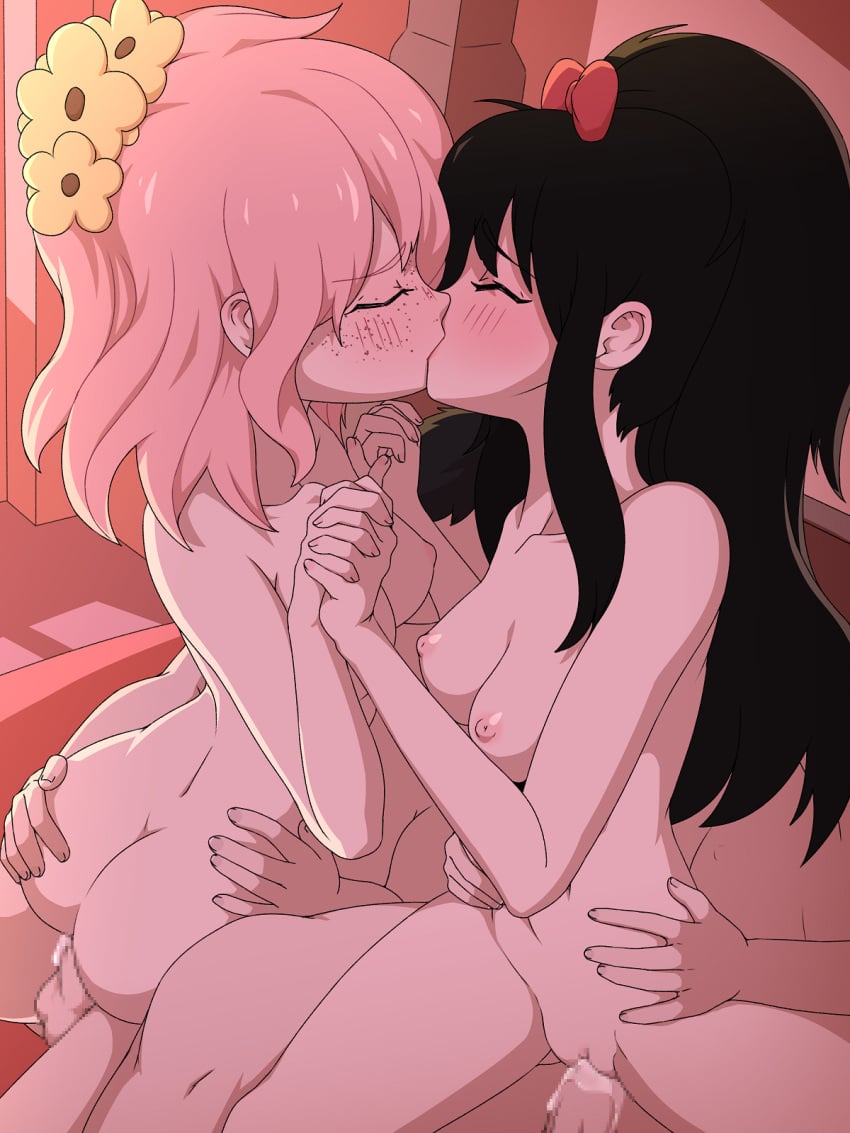 2girls ass black_hair blush blush_lines breasts daniela_wytte flower_hair_ornament freckles hair_ornament hairbow holding_hands hooky kissing kissing_while_penetrated light-skinned_female light_pink_hair light_skin long_hair monica_(hooky) nipples penis petite pink_hair pussy red_hair_bow rockset small_breasts wavy_hair