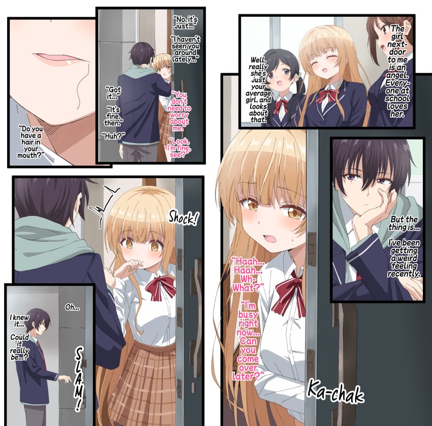 1boy 3girls :d absurdres blonde_hair cheating comic door fujimiya_amane highres long_hair long_sleeves multiple_girls neck_ribbon netorare open_door open_mouth opening_door orange_skirt otonari_no_tenshi-sama_ni_itsu_no_mani_ka_dame_ningen_ni_sarete_ita_ken plaid_clothes plaid_skirt red_ribbon ribbon school_uniform shiina_mahiru_(otonari_no_tenshi-sama) shirt sincos skirt smile stray_pubic_hair translation_request white_shirt yellow_eyes