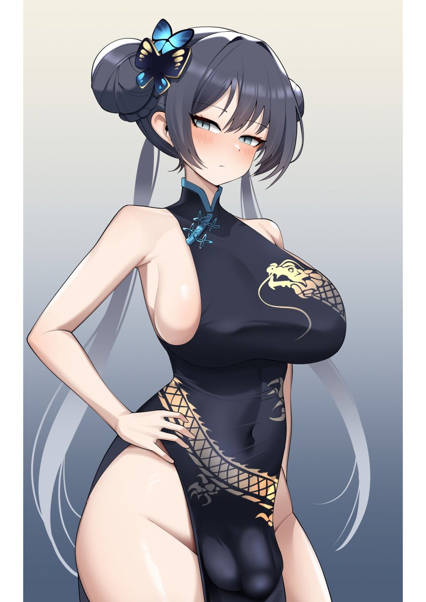 1futa absurdres alternate_breast_size balls big_breasts big_penis black_dress black_hair blue_archive breasts butterfly_hair_ornament china_dress chinese_clothes clothed clothing commentary double_bun dragon_print dress flaccid fully_clothed futa_only futanari gradient_background grey_background grey_eyes hair_bun hair_ornament hand_on_own_hip highres human kisaki_(blue_archive) large_breasts light-skinned_futanari light_skin long_hair looking_at_viewer pelvic_curtain penis sleeveless sleeveless_dress solo standing twintails two_tone_hair wujack2211