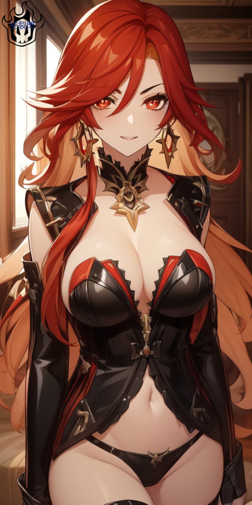 ai_generated ass big_ass big_breasts breasts female female_only genshin_impact happy long_hair mavuika_(genshin_impact) red_hair simple_background solo solo_female thick_thighs thighhighs thighs