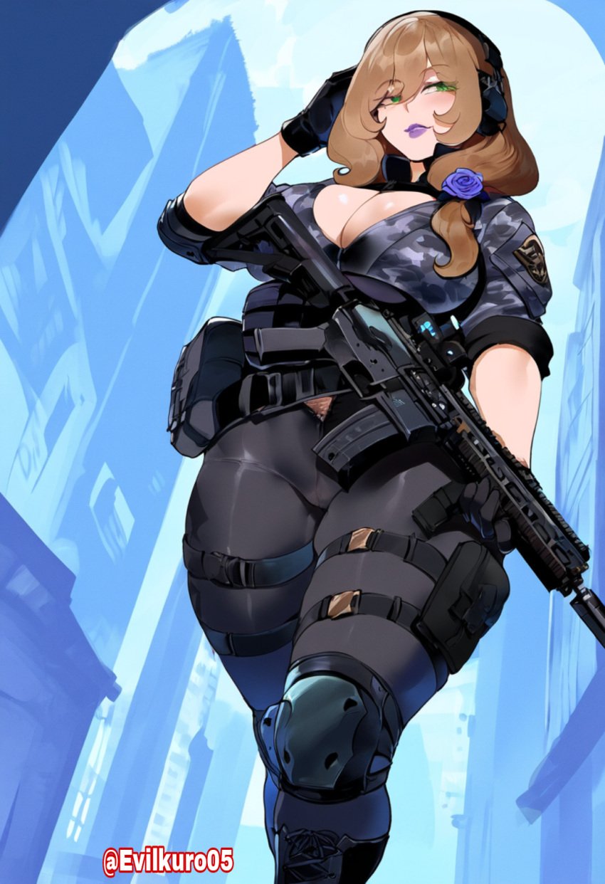 ai_generated assault_rifle bulletproof_vest camouflage_pants evilkuro05 genshin_impact headphones lisa_(genshin_impact) tactical_clothes voluptuous_female