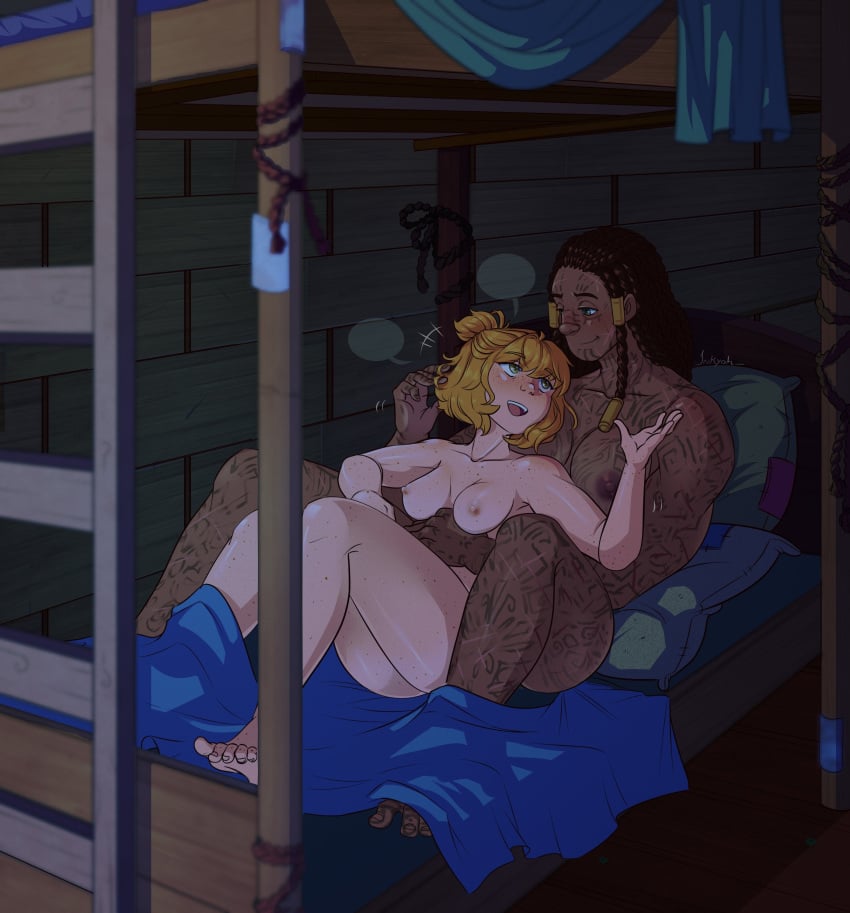 2girls bed bedroom cute dark-skinned_female dark_skin female female_only hugging hugging_from_behind in_bed ishmael_(limbus_company) light-skinned_female light_skin limbus_company literature multiple_girls muscular muscular_female playing_with_hair project_moon public_domain queequeg queequeg_(limbus_company) scar scars scars_all_over tagme tattoos wholesome wholesome_nudity yuri