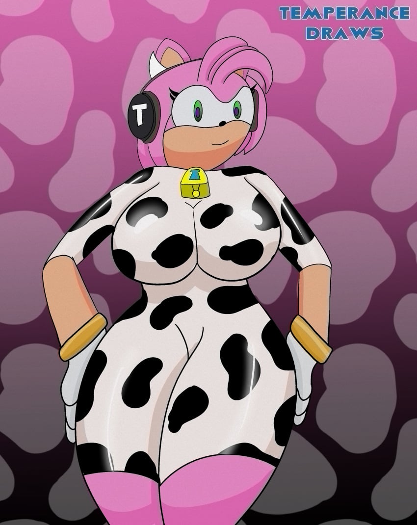 amy_rose anthro big_breasts bodysuit boobs brainwashing breasts cow_print cowbell fake_cow_horns female female_only furry furry_female gloves green_eyes hands_on_hips headphones hedgehog hedgehog_girl hypnosis latex mind_control smile sonic_(series) sonic_the_hedgehog_(series) temperancedraws