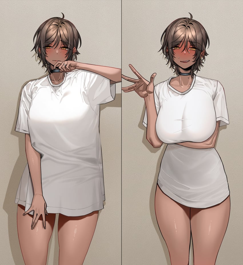 1girls absurd_res brown_hair choker dark-skinned_female earrings female hi_res highres limbus_company looking_at_viewer outis_(limbus_company) project_moon rhlatm ring shirt shy standing thick_thighs voluptuous yellow_eyes