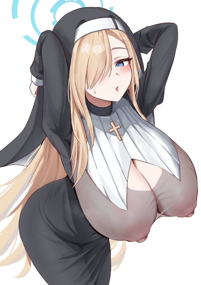 :o absurdres arms_behind_head asuna_(blue_archive) black_dress blue_archive blue_eyes blush breasts cleaning_&_clearing_(blue_archive) cleavage cleavage_cutout clothing_cutout covered_erect_nipples cross dress female fluffyebi01 habit hair_over_one_eye halo highres huge_breasts light_brown_hair long_hair looking_at_viewer millennium_science_school_student nipples nun nun's_habit open_mouth see-through see-through_dress smile solo veil very_long_hair