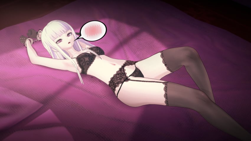 1girls 3d bound_wrists bra breasts danganronpa danganronpa:_trigger_happy_havoc danganronpa_1 doubledigit64 female female_only garter_belt gloves handcuffs human kirigiri_kyouko koikatsu lace-trimmed_bra lace-trimmed_panties lingerie panties solo