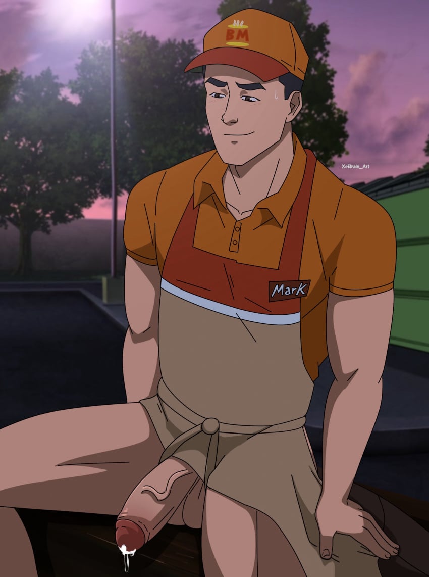 1boy apron beefy bottomless cocky dumpster ef_drawings erection fast_food_uniform invincible invincible_(superhero) invincible_(tv_series) lad male_focus male_only mark_grayson masculine name_tag orange_cap orange_polo outdoors penis polo_shirt road sitting solo streetlight sunset sweatdrop trees