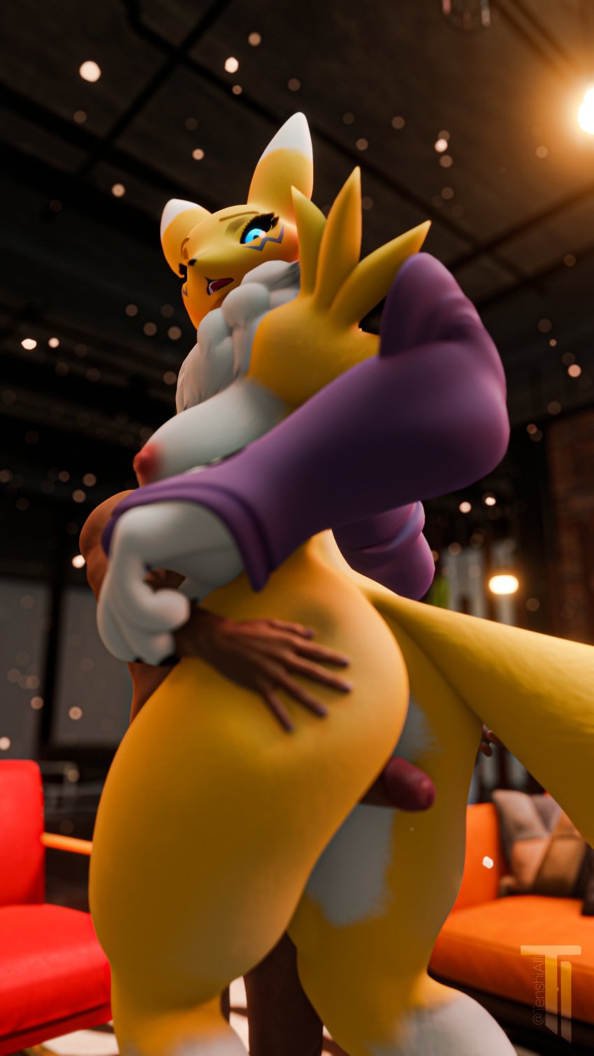 absurd_res anthro areola armwear ass bandai_namco big_breasts big_butt big_penis blue_eyes breasts bridal_gauntlets clothing digimon digimon_(species) duo erection female genitals hi_res human male male/female mammal nipples penis renamon sex tail tenshi_ai thigh_sex