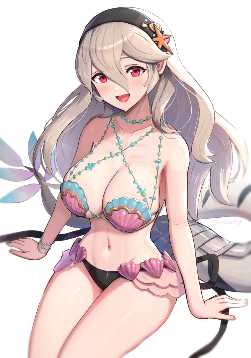 1girls :d absurdres alternate_costume arm_support artist_name black_hairband breasts corrin_(female)_(fire_emblem) corrin_(fire_emblem) female female female_only fire_emblem fire_emblem_cipher fire_emblem_fates gonzarez grey_hair hair_between_eyes hairband highres large_breasts long_hair looking_at_viewer navel nintendo official_alternate_costume open_mouth red_eyes shell shell_bikini simple_background sitting smile solo tail white_background