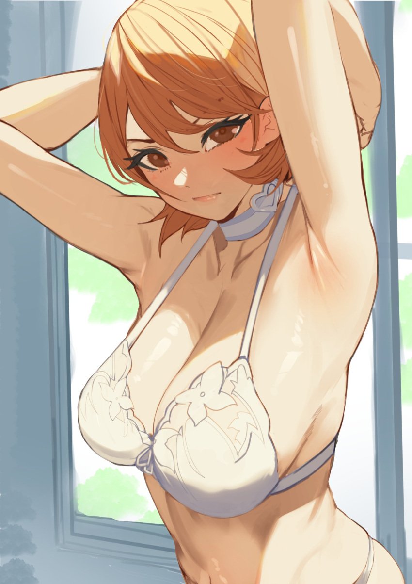 armpit armpits arms_up atlus blush bra brown_hair flustered large_breasts looking_at_viewer nyahpa20 persona persona_3 sega underwear white_bra yukari_takeba