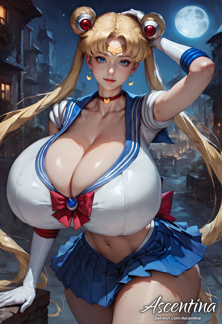 1girls ai_generated ascentina big_breasts bishoujo_senshi_sailor_moon blonde_hair blue_eyes clothing female female_only gigantic_breasts miniskirt moonlight night_sky sailor_moon skirt solo solo_female twintails