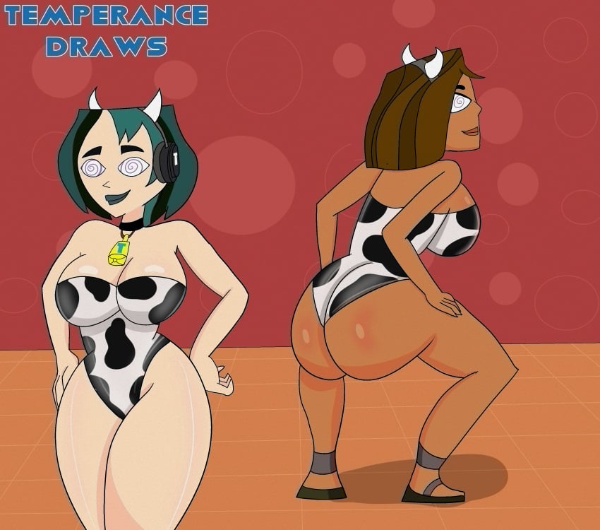 2girls ass breasts bubble_butt censored_pussy cleavage courtney_(tdi) cow_print dark-skinned_female dark_skin fake_cow_horns goth goth_girl goth_slut gothic gwen_(tdi) hand_on_hip headphones hypnosis large_breasts leotard lipstick mind_control short_hair spiral_eyes squatting temperancedraws thick_thighs total_drama_island