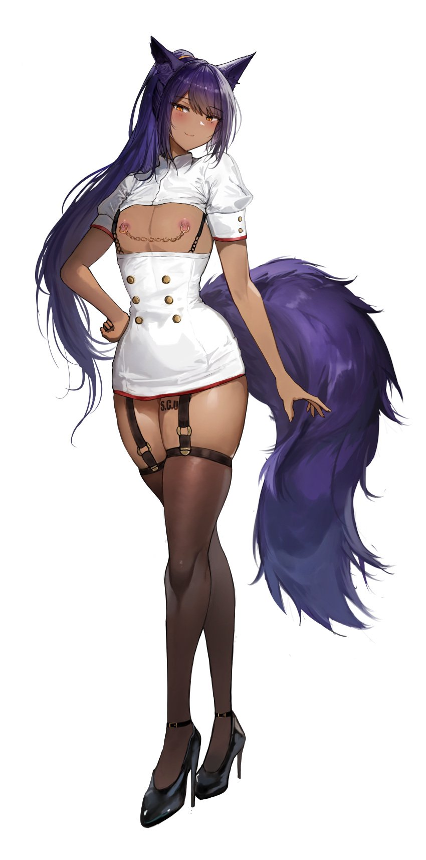 1boy absurd_res animal_ears animal_humanoid animal_tail bolero_top bottomwear button_(fastener) canid canine canine_ears canine_tail canis clothing dark-skinned_femboy dark-skinned_male dark_body dark_skin femboy flat_chested footwear garter_belt_leggings garter_straps hair hi_res high_heels hourglass_figure humanoid jackal leg_tattoo long_hair male male_only mammal nipple_chain nipple_chains nipple_piercing nipple_ring nipples original pierced_nipples piercing ponytail purple_hair ring_piercing short_sleeves skirt slave slave_tattoo slim_waist slutty_clothing smile smiling_at_viewer solo stockings tail tattoo vloodozer white_background yellow_eyes