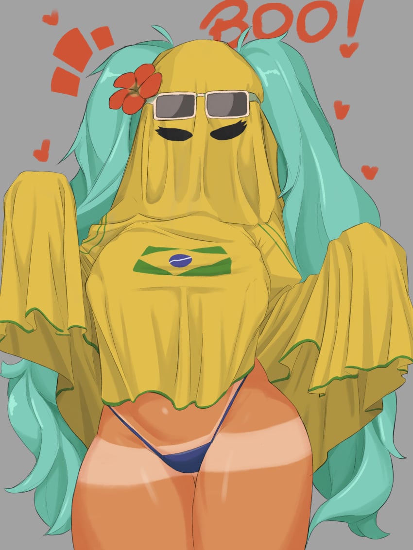 blanket blue_hair brazil brazilian_miku confusedsabron costume flower_in_hair ghost ghost_costume hatsune_miku highleg_panties sunglasses sunglasses_on_head tan_body tanline twintails vocaloid