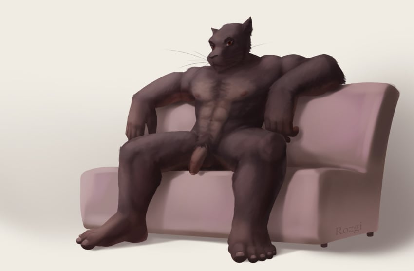 anthro areola athletic athletic_anthro athletic_male balls digital_media_(artwork) feet felid foreskin fur furniture genitals half-erect humanoid_feet humanoid_genitalia humanoid_penis looking_at_viewer male mammal nipples nude on_sofa pantherine partially_retracted_foreskin pecs penis plantigrade rozgi simple_background sitting sofa solo spread_legs spreading toes