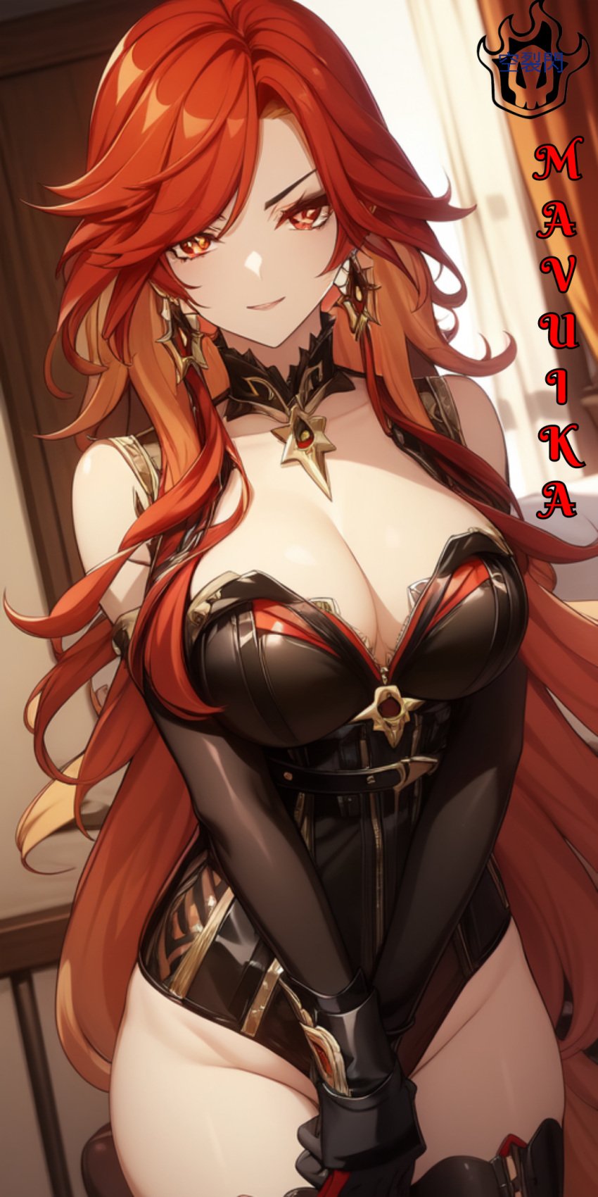 ai_generated ass big_ass big_breasts breasts female female_only genshin_impact happy long_hair mavuika_(genshin_impact) red_hair simple_background solo solo_female thick_thighs thighhighs thighs