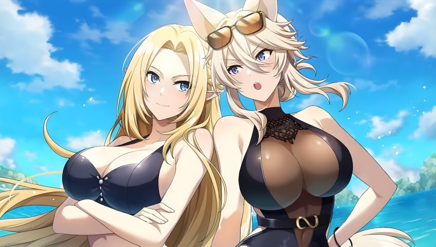 2girls alpha_(the_eminence_in_shadow) animal_ears arms_under_breasts bikini black_bikini blonde_hair blue_eyes breasts cat_ears cat_girl cleavage collarbone covered_navel elf hair_between_eyes hand_on_own_hip highres kage_no_jitsuryokusha_ni_naritakute! large_breasts long_hair looking_at_another multiple_girls official_art pointy_ears see-through see-through_one-piece_swimsuit sidelocks sunglasses sunglasses_on_head swimsuit the_eminence_in_shadow zeta_(the_eminence_in_shadow)