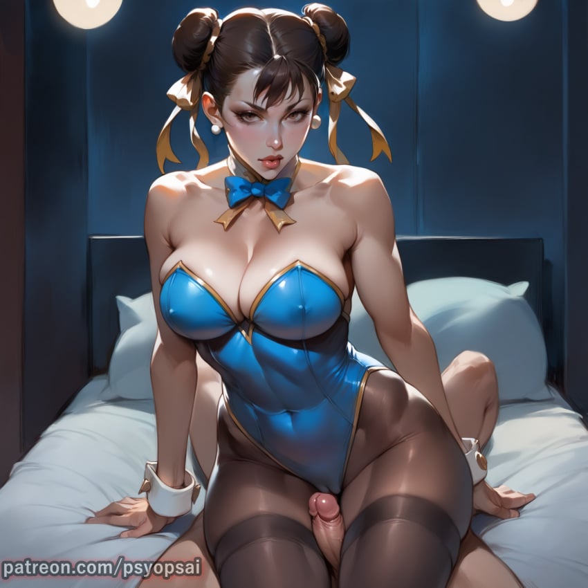 1boy 1girls abs ai_generated artist_name artist_psyopsai ass bunnysuit chun-li clothed clothing colored curvy digital_media_(artwork) female female_focus femdom fit_female from_behind front_view grinding legs male muscles muscular_thighs penis_between_thighs rubbing street_fighter thigh_job thigh_sex thighs uncensored watermark