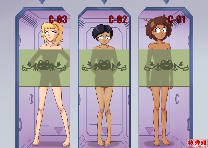 3girls amphibia anne_boonchuy barefoot black_hair blonde_hair brown_hair censored feet marcy_wu neon_genesis_evangelion nuclear_warhead nude parody sasha_waybright toes