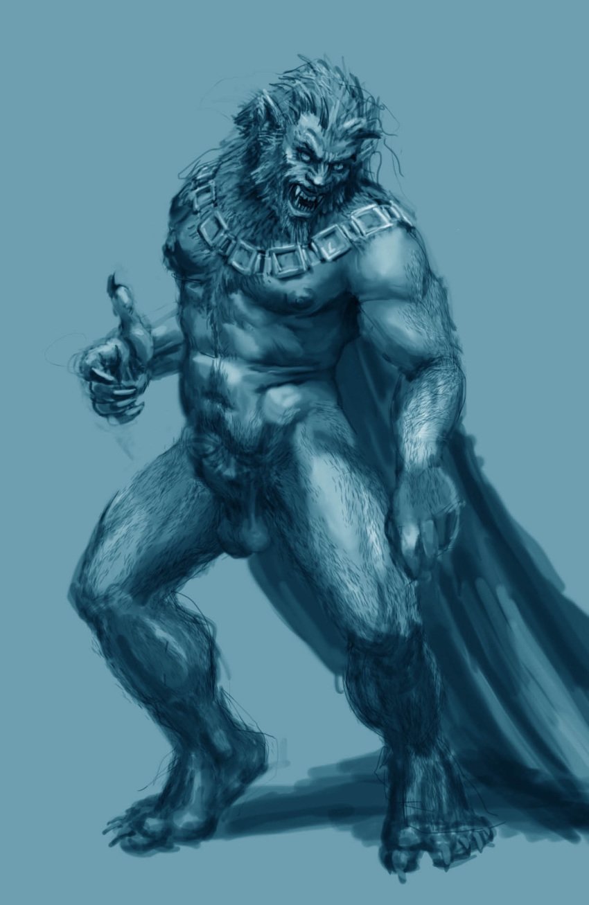 5_toes abs balls biceps big_muscles canine cape claws clothing collar digitigrade erection fangs fur human looking_at_viewer male male_focus male_only mammal muscles nipples nude open_mouth pecs penis plain_background pose sketch solo standing teeth toes toned tragaz(da) transformation were werewolf wolfman