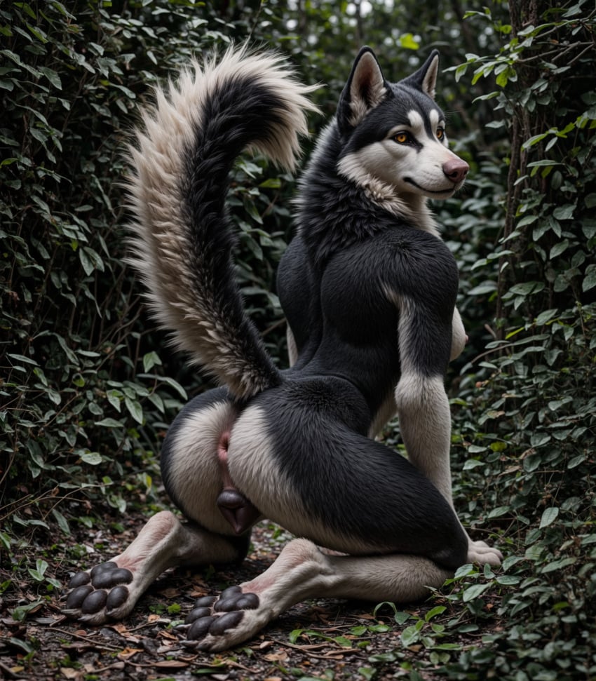 ai_generated amber_eyes animal_genitalia animal_pussy anthro anus ass black_body black_fur black_pawpads black_pussy blp breasts canid canine canine_pussy canis cheek_tuft day detailed detailed_background detailed_fur digitigrade dipstick_tail domestic_dog ears_up facial_tuft female fluffy forest fur genitals handpaw hi_res husky inner_ear_fluff kneeling long_snout long_tail looking_at_viewer looking_back looking_back_at_viewer mammal markings mouth_closed multicolored_body multicolored_fur neck_tuft nipples nordic_sled_dog outside pawpads paws pink_anus pink_nipples pink_nose plant pussy raised_tail realistic shrub siberian_husky side_boob slim snout solo spitz tail_markings three-quarter_view tree tuft two_tone_body two_tone_fur whiskers white_body white_fur