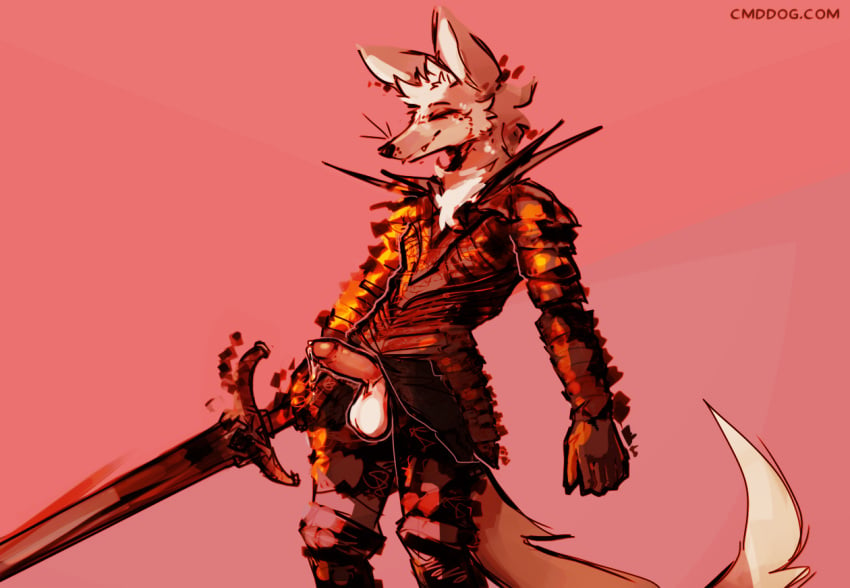 2024 anthro armor balls biped bodily_fluids breastplate canid canine closed_eyes dark_souls digital_media_(artwork) dripping erection fromsoftware fur genital_fluids genitals holding_melee_weapon holding_object holding_sword holding_weapon humanoid_genitalia humanoid_penis lawyerdog maki_(lawyerdog) male mammal maned_wolf melee_weapon monotone_background pauldron penis precum precum_drip smile solo sword tan_body tan_fur weapon white_balls white_body white_fur